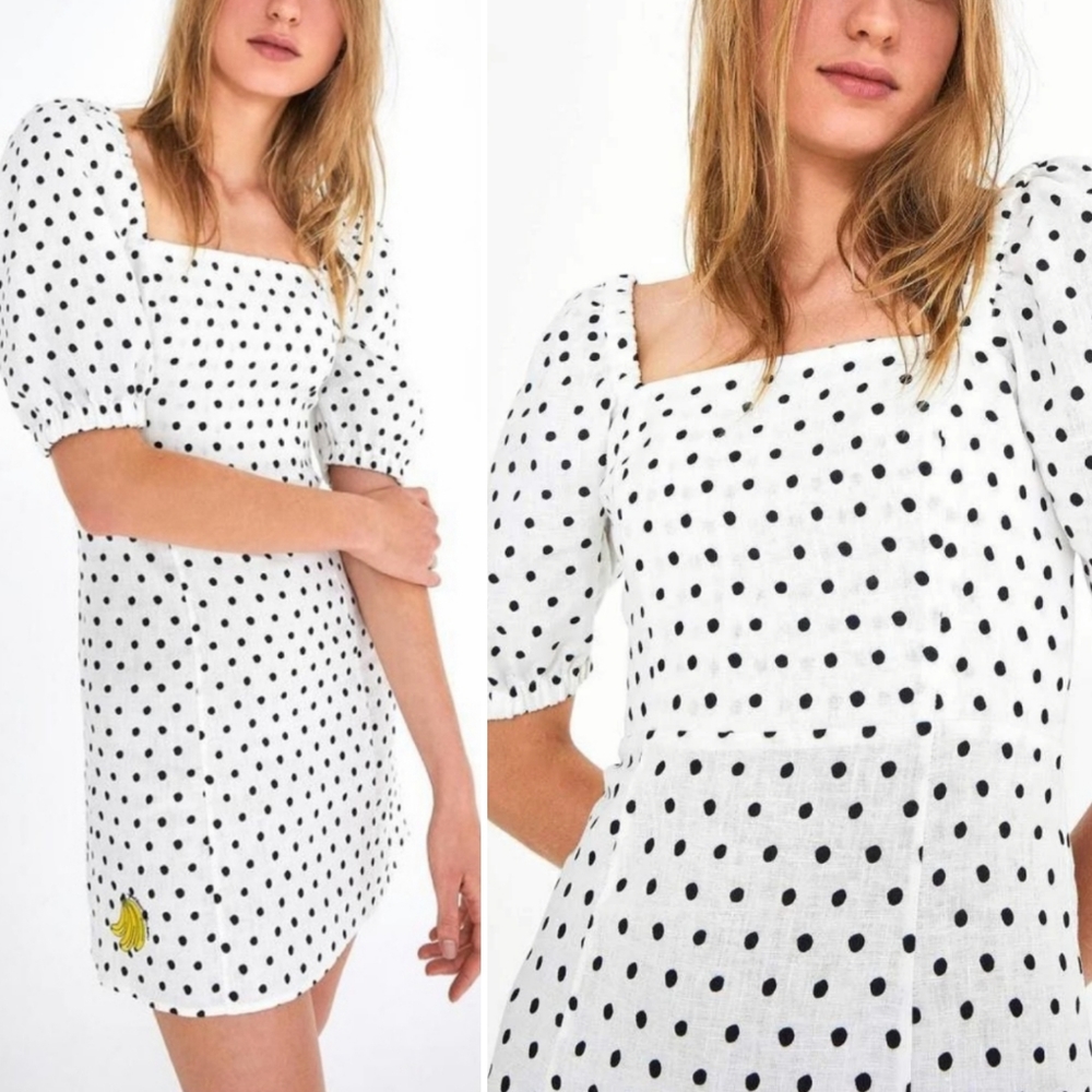 Farm Rio | Polka Dot 100% Linen Puff Sleeve Embroidered Banana Dress Size Small